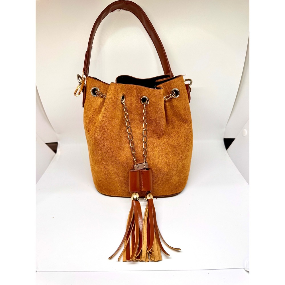 Brown Faux Suede Bucket Bag Tassel Gold Chain Boho Western Shoulder Tan Small